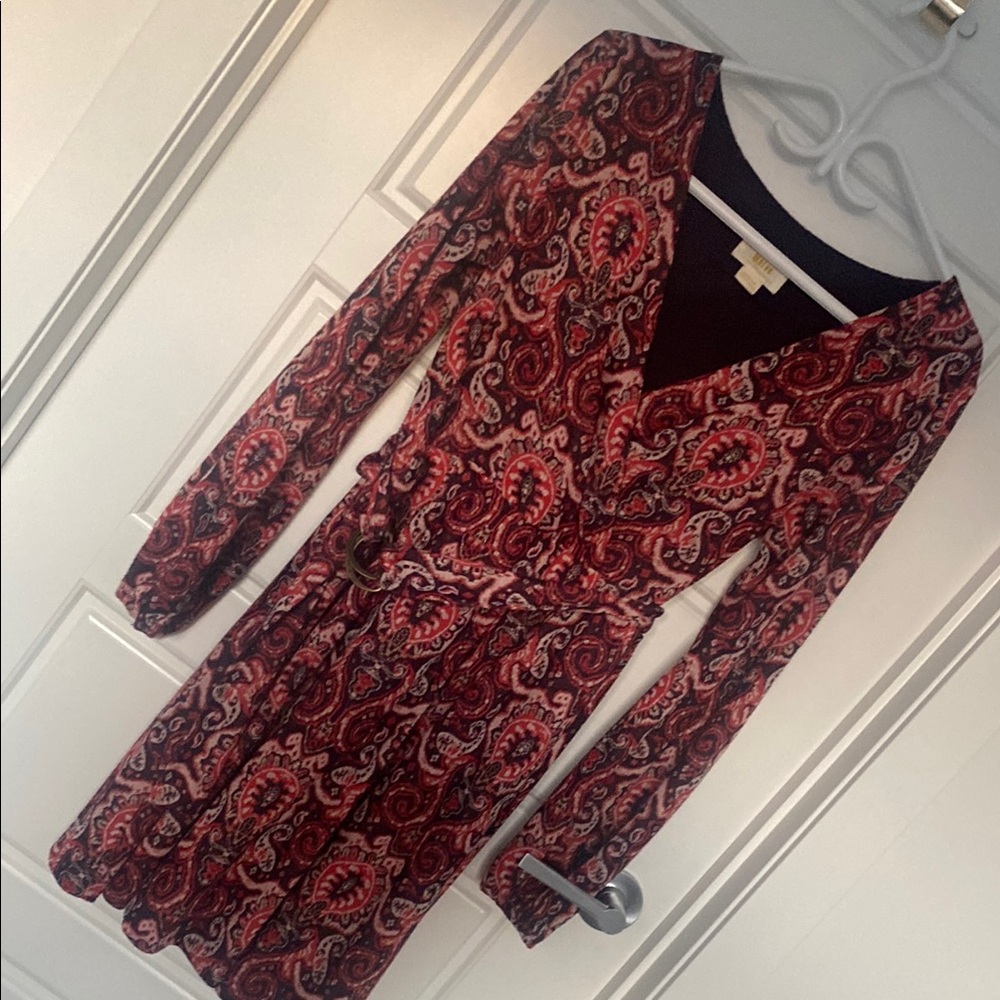 Anthropologie Red and Black Sheath Midi Dress V-Neck Long Sleeve